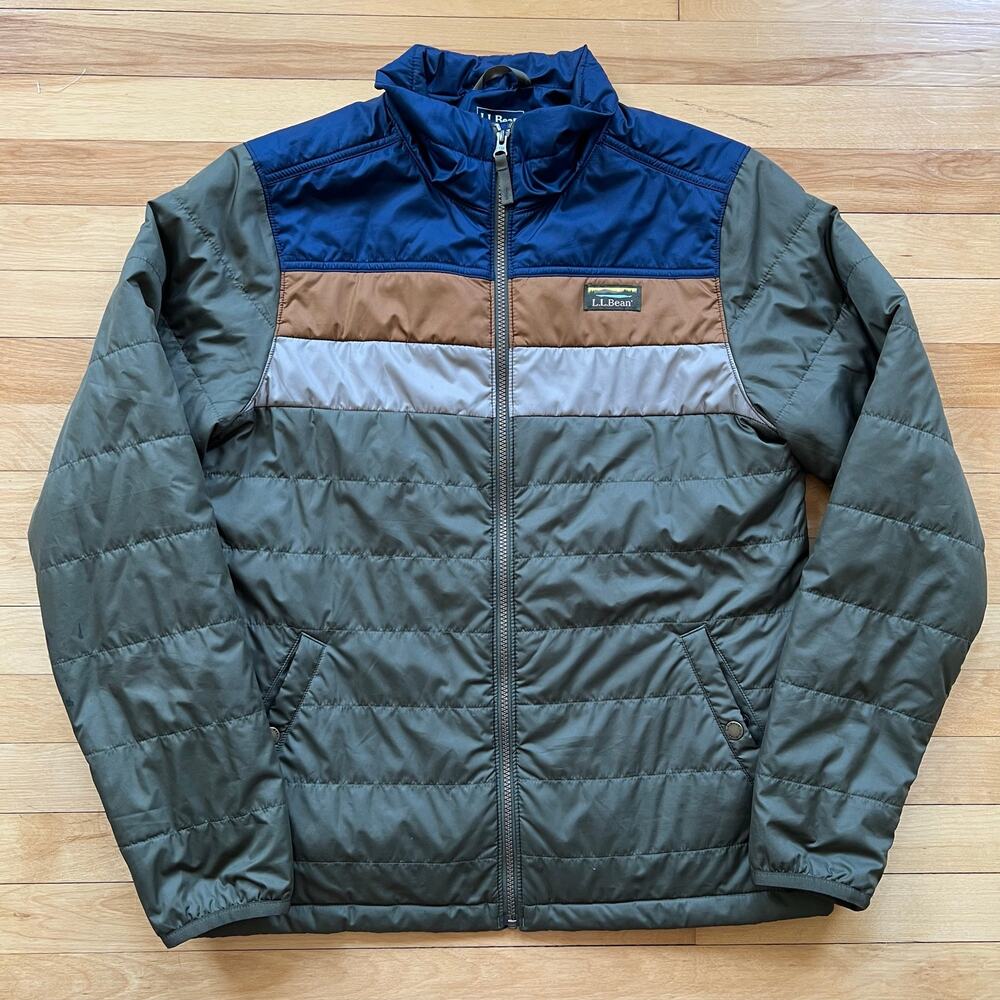 LL Bean Puffer Jacket Mens Medium Regular Full Zip Colorblock Quilted Green